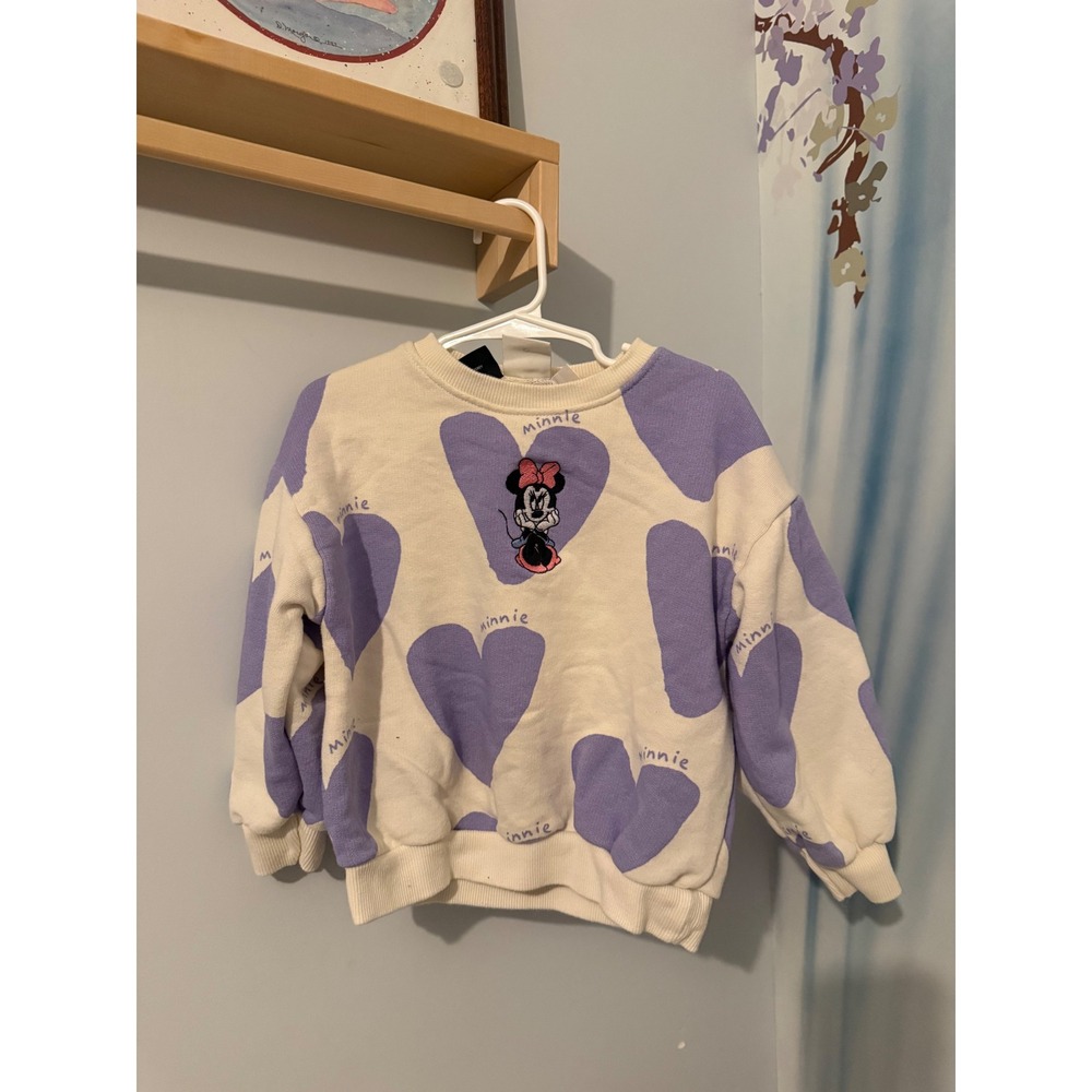 Zara Kids Disney Minnie Mouse Purple Heart Print Sweatshirt Cream 4 Years 104cm